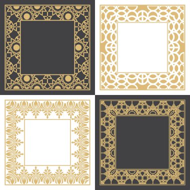 Dairesel dekoratif altın çerçeve. Metinler için yerleştirilmiş geometrik dekoratif süs. Monogram, tebrik kartı, düğün davetiyesi. Vektör grafiği.