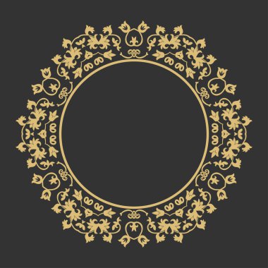 Dairesel barok süsü. Altın dekoratif çerçeve. Mesajın yeri. Monogram, logo, düğün davetiyesi, menü için kullanılabilir. Vektör grafikleri.