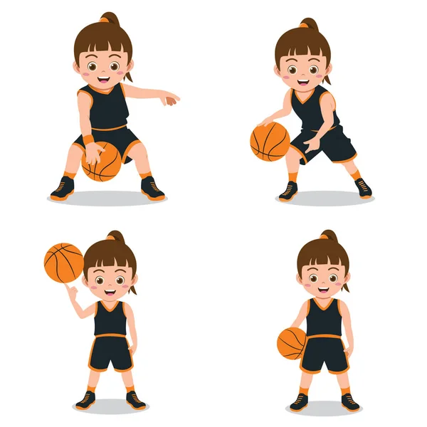 Set Happy Kids Playing Basketball — Stock Vector