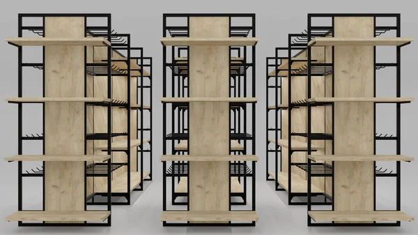 loft-style warehouse empty racks 3D render. wood and metal