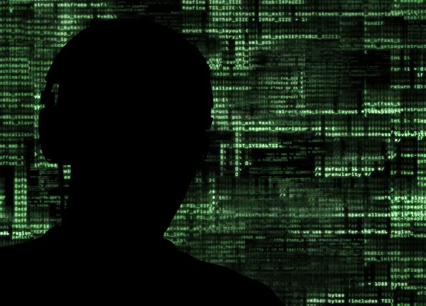 Hacker bei der Arbeit mit grafischer Benutzeroberfläche — Stockbild Hacker am Werk — Stockfoto