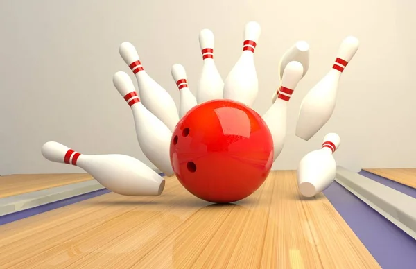 Bowling strike. Kuželky a bowlingová koule na trati — Stock fotografie