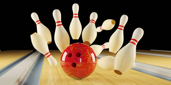 Bowling strike. Kuželky a bowlingová koule na trati — Stock fotografie