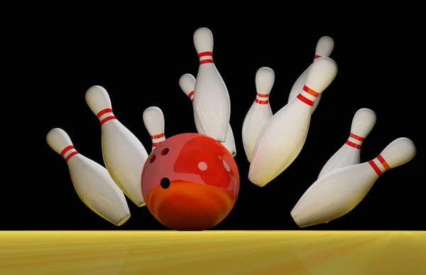 Bowling ütés. Skittles és bowling golyó a pályán — Stock Fotó