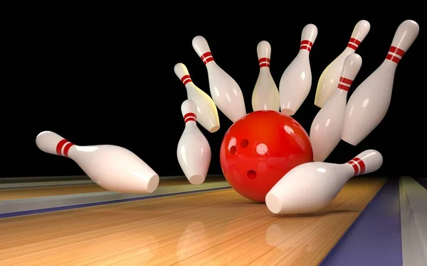 Bowling strike. Kuželky a bowlingová koule na trati — Stock fotografie