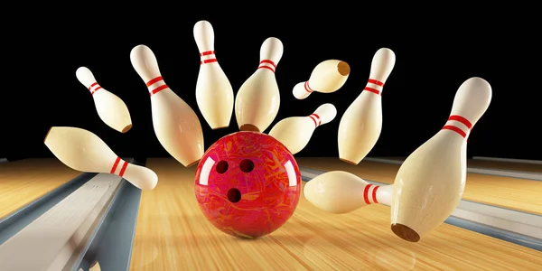 Bowling strike. Skittles and bowling ball on the track — Stock Photo, Image