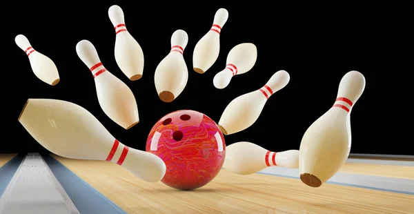 Bowling strike. Skittles and bowling ball on the track — Stock Photo, Image