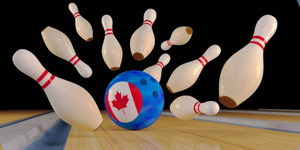 bowling strike creative concept with Canada flag. Skittles and bowling ball on the track