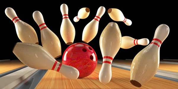 Bowling stávka kolíky a bowling koule na trati. 3D vykreslení — Stock fotografie