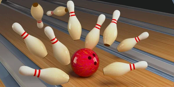 Bowling strike pin e palla da bowling in pista. Rendering 3D — Foto Stock