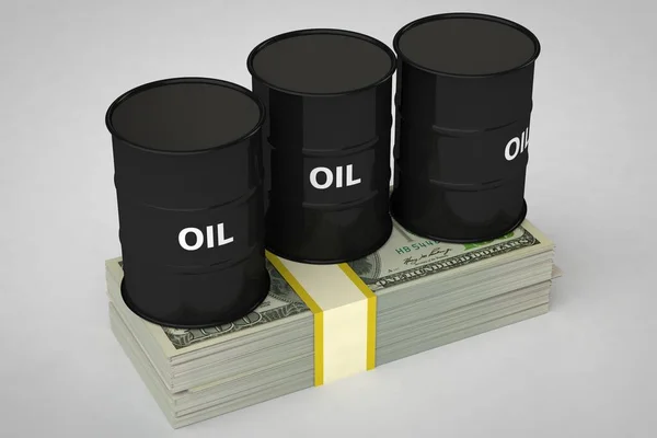 Τρία βαρέλια για πετρέλαιο για το περίπτερο πετρελαίου σε ένα μάτσο χρήματα. 3D απόδοση — Φωτογραφία Αρχείου