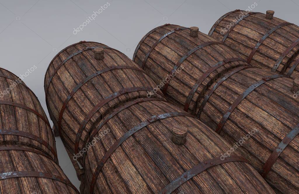 Wooden wine barrels Background. 3D render