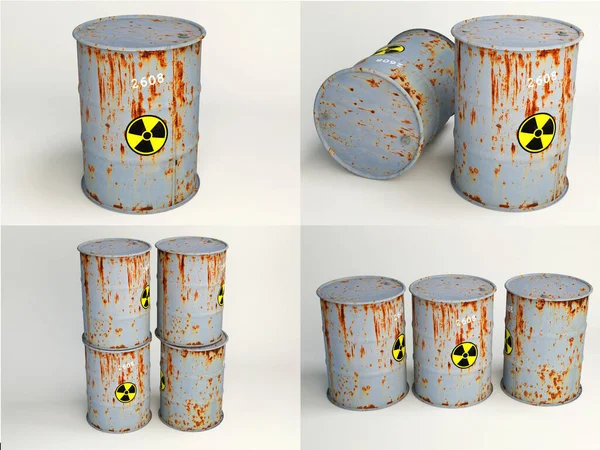 Rusty iron barrels with a biohazard sign. 3D visualization