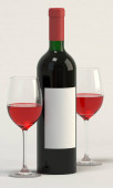 Lahvička na víno s prázdným štítkem a dvěma sklenicemi 3D vykreslení