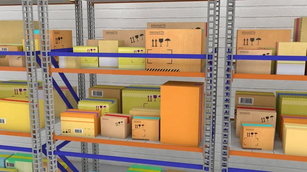 Warehouse with iron racks and boxes on them. 3d render