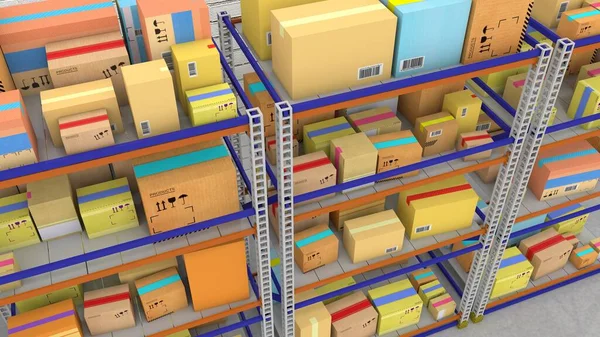 Warehouse with iron racks and boxes on them. 3d render — Stock Photo, Image