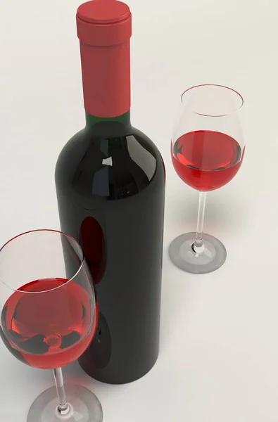 ブランクラベルと2つのメガネの3Dレンダリング付きワインボトル — ストック写真