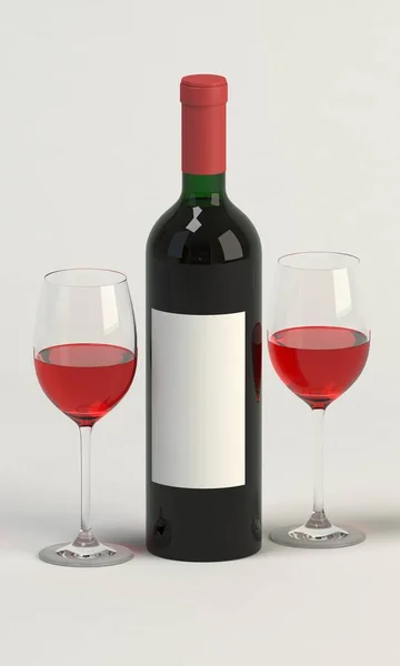 Garrafa de vinho com rótulo em branco e dois copos 3D render — Fotografia de Stock