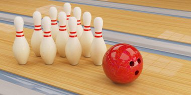 Bowling topu ve Skittles bovling pistinde duruyor. 3 Boyutlu Hazırlama
