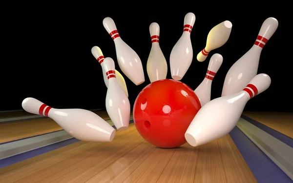 Bowling strike. Skittles and bowling ball on the track — Stock Photo, Image