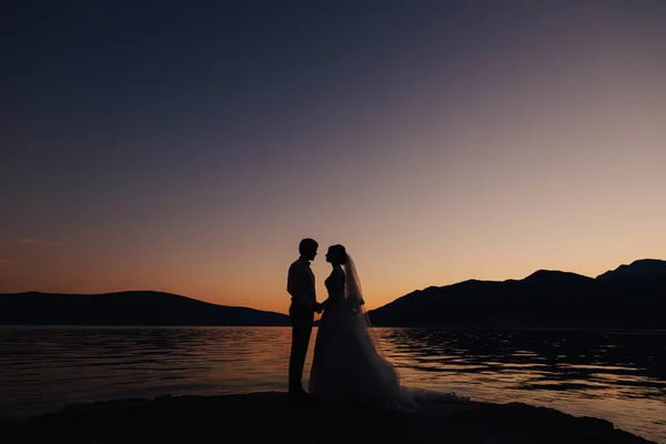 Die Braut und der Bräutigam stehen auf dem Steg am Wasser und halten Händchen beim Sonnenuntergang — Stockfoto