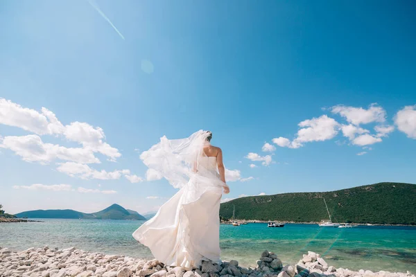 La mariée se tient sur le bord de la mer avec un voile flottant — Photo