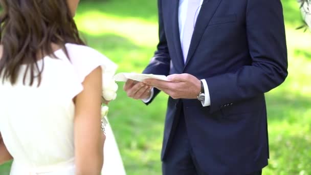 El novio lee el voto de boda a la novia durante la ceremonia — Vídeo de stock