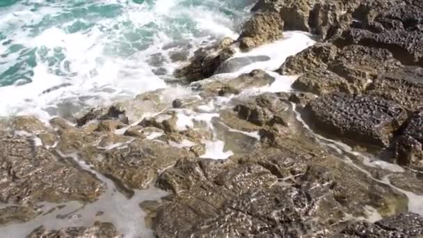 Skalnaté pobřeží, vlny narážejí do skal — Stock video
