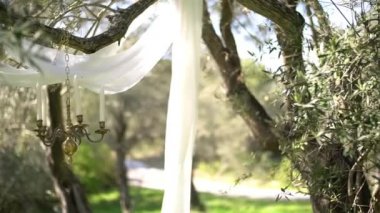 Candelabrum ve bahçedeki zeytin dalları üzerine havadar kumaş tuvalleri, düğün süslemeleri.