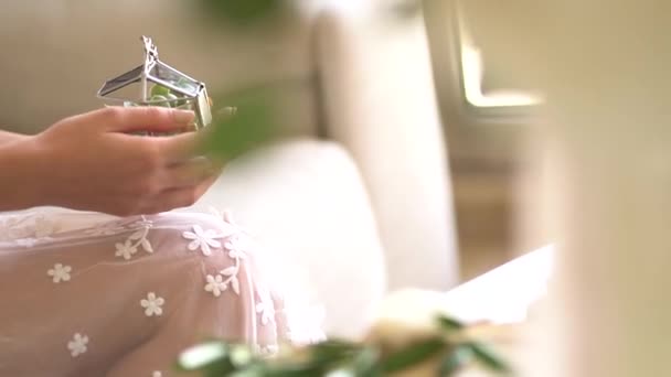 Die Braut hält eine Glasschmuckschatulle mit einer Sukkulente im Inneren — Stockvideo
