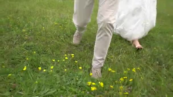 Füße der Braut und des Bräutigams, die gemeinsam auf dem Gras gehen — Stockvideo