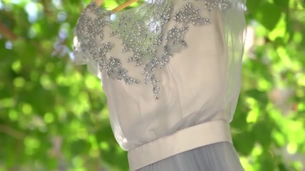 Delicado vestido de dama de honor con un corpiño bordado con cuentas y un cinturón de satén colgando de las ramas verdes de un árbol en un día soleado, primer plano — Vídeos de Stock