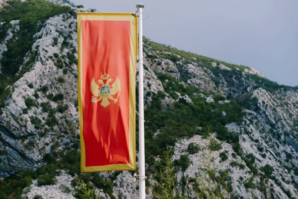 Красный флаг Черногории с двуглавым орлом на фоне гор. — стоковое фото