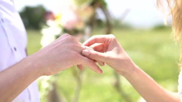 De bruid doet de ring om de bruidegom vinger — Stockvideo