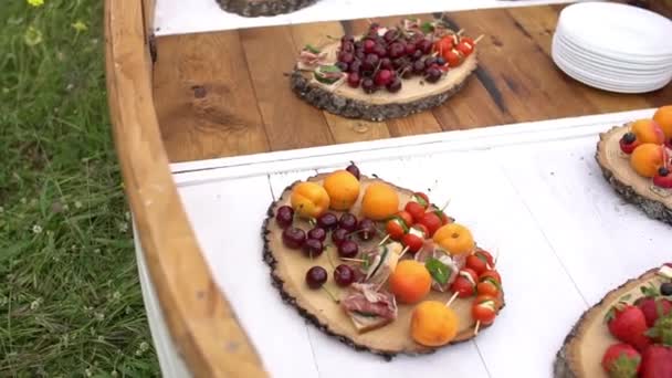 Весільний шведський стіл у природі на столі у вигляді човна — стокове відео