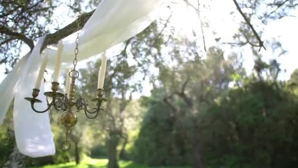 Канделябр і білі полотна повітряної тканини на оливкових гілках в гаю, весільні прикраси — стокове відео