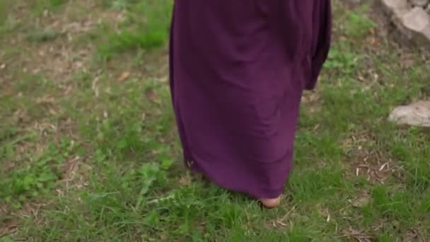 Женщина в длинном фиолетовом платье ходит по траве — стоковое видео