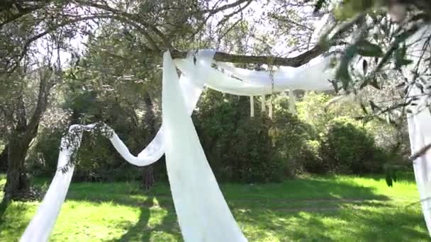 숲 속에 있는 올리브 가지에 에어로빅 직물로 만든 촛대와 흰 캔버스, 결혼식 장식 — 비디오