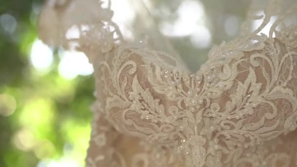 Vestido de noiva de renda com um corpete frisado pendurado em galhos de árvore entre a folhagem — Vídeo de Stock