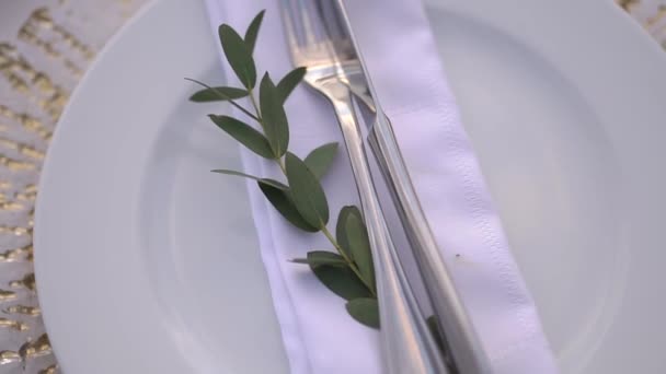 Table setting at a wedding banquet decorated with an olive branch, close-up — Αρχείο Βίντεο