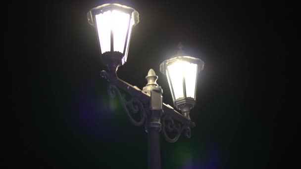 Elegant old-fashioned street lamp on two lamps burns at night — Stockvideo