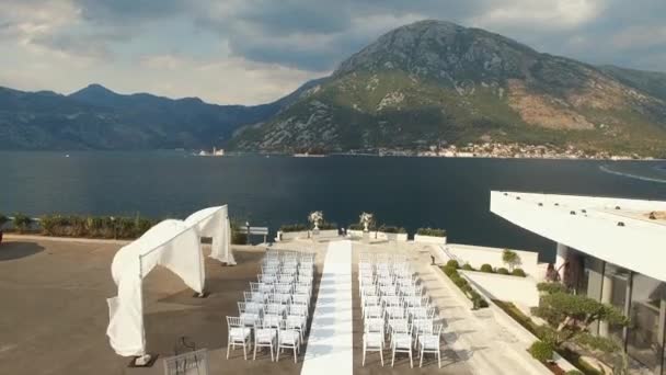 Wedding venue and aisle on the pierce in the Bay of Kotor — Stock Video