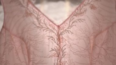 Girişte asılı soluk pembe bir gelinliğin boncuklu korsesi, yakın plan.