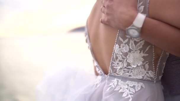 De bruid en bruidegom knuffelen, de bruidegom streelt de bruiden terug met zijn hand — Stockvideo