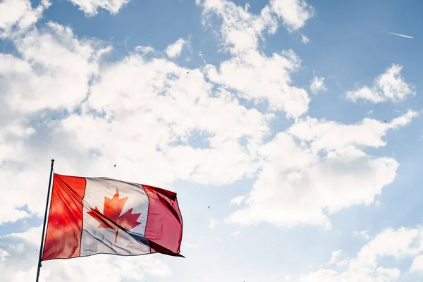 Bandeira do Canadá com listras verticais vermelhas e brancas e uma folha de bordo contra o céu e as nuvens. — Fotografia de Stock