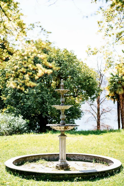 Vintage dricksfontän för fåglar i trädgården. Tomma skål med en fontän på en äng med gräs och träd på sommaren. — Stockfoto