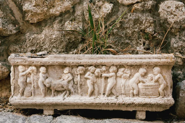 Primo piano di un vaso di fiori con bassorilievo raffigurante persone e animali contro un muro di pietra e una pianta verde. — Foto Stock