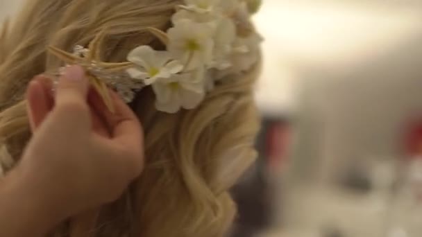 Στυλίστρια που φτιάχνει τα μαλλιά της νύφης και φοράει στεφάνι με λουλούδια και αστερία, κοντινό πλάνο. — Αρχείο Βίντεο