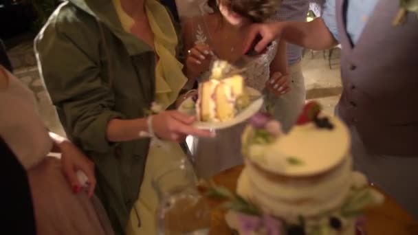 De bruid en bruidegom snijden de taart en leggen de stukken in de borden van de gasten — Stockvideo