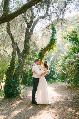 Gelin ve damat parkta sarmaşıkla kaplı ağaçların arasında sarılıyorlar.